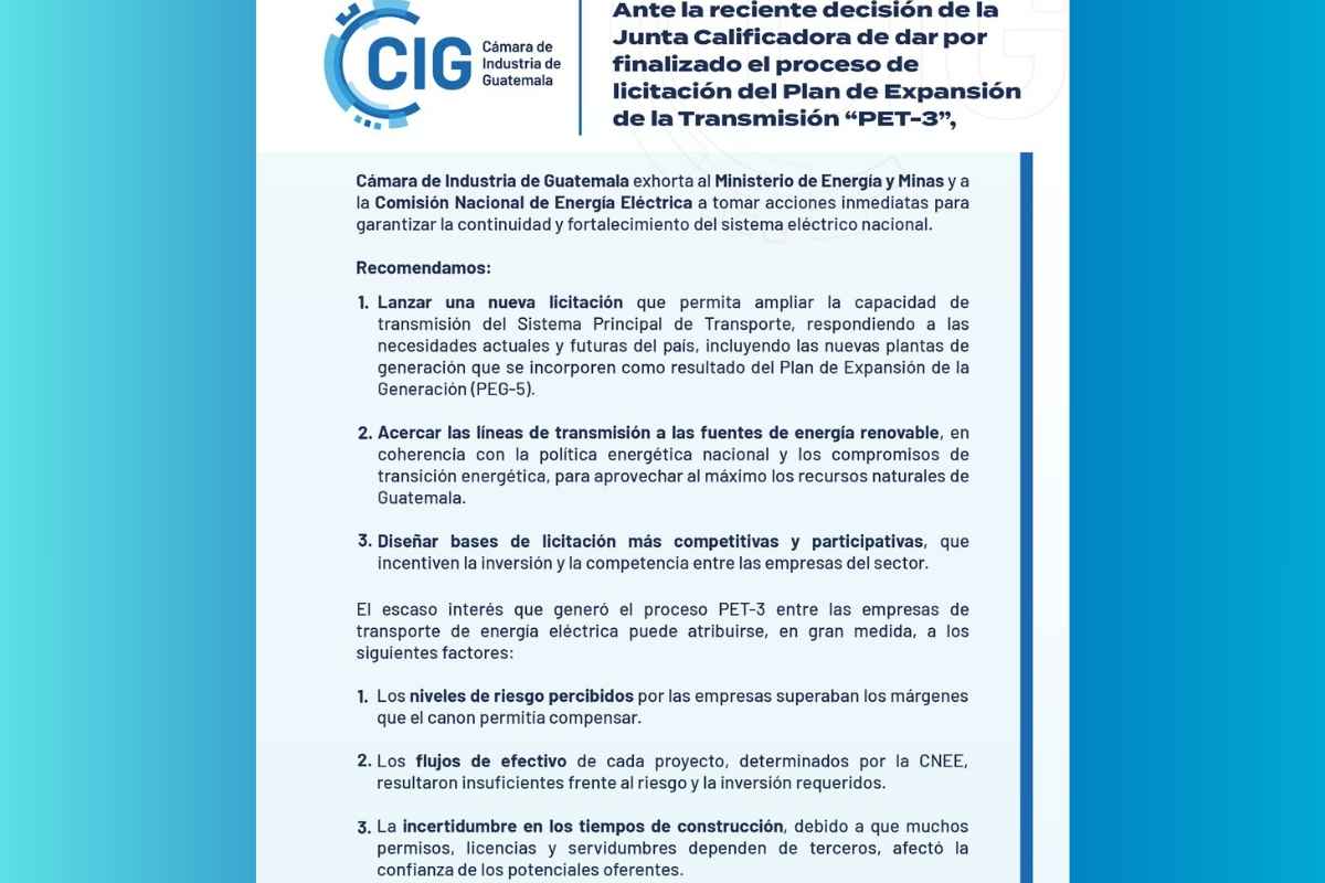 CIG pide reactivar plan eléctrico para asegurar el futuro energético de Guatemala