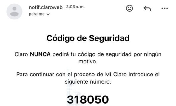 Usuarios de Claro reportan correos con supuestos códigos de seguridad inesperados